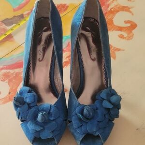Blue Floral Peep-Toe Women's Shoes 8